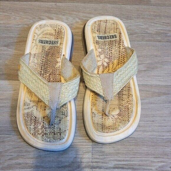 Vtg Y2K Skechers Woven Flip Flops Womena Size 8 Boho Beige Beachy Preppy - Picture 2 of 10